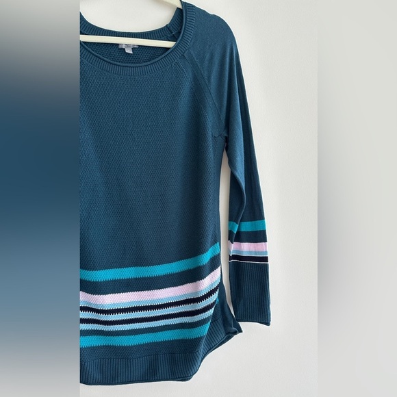 T By Talbots Teal Knit Striped Sweater, Turquoise/Purple/Navy Blue, Size Medium - Picture 4 of 15